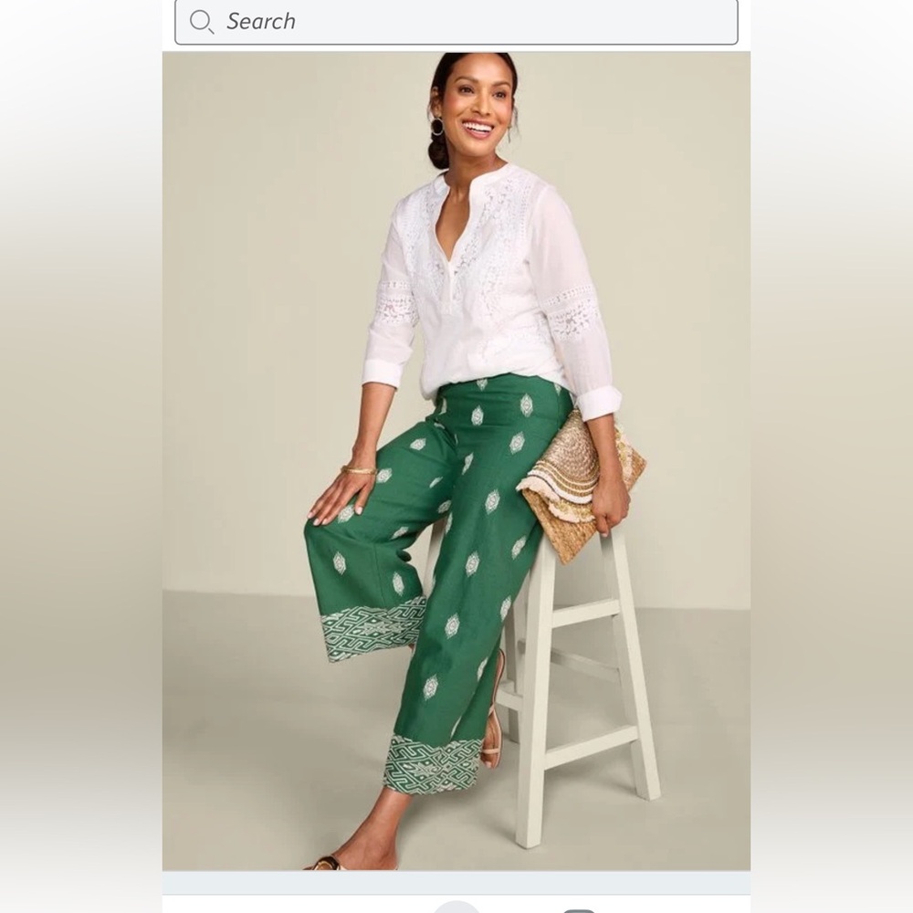 SOFT SURROUNDINGS Lohara Linen Blend Crop Pants SIZE LARGE. Green  embroidered